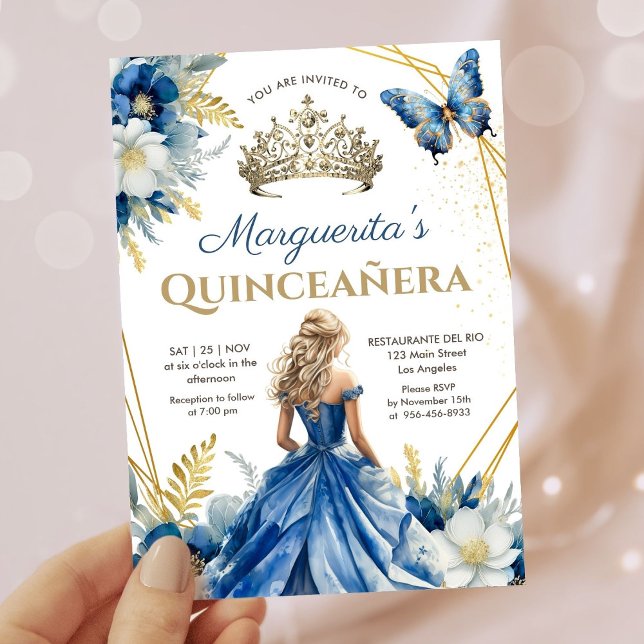 Invitation Quinceañera Royal Blue Gold Tiara Floral Butterfly (Créateur téléchargé)