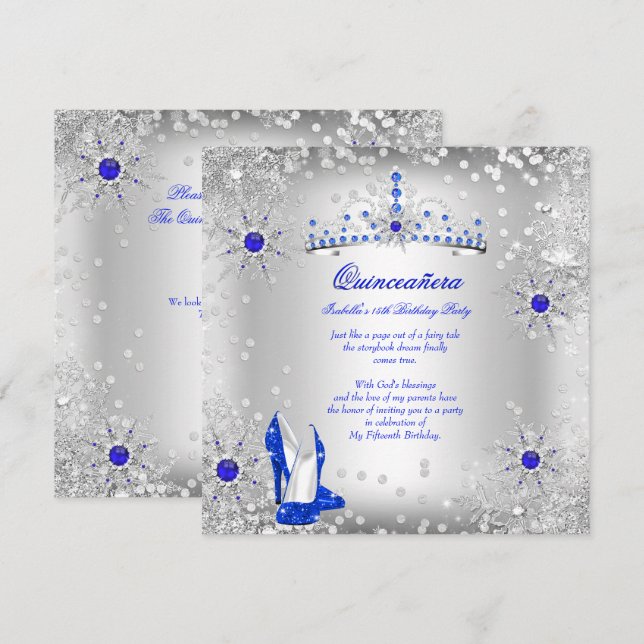 Invitation Quinceanera Royal Blue Silver Winter Wonderland (Devant / Derrière)