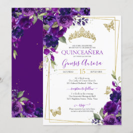 Invitation Quinceañera Royal Purple Floral Papillon