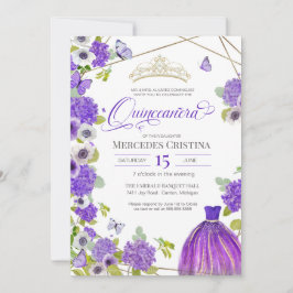 Invitation Quinceañera Royal Purple Garden papillon Tiara