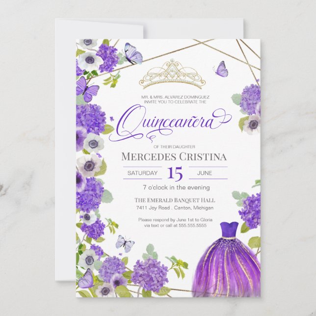 Invitation Quinceañera Royal Purple Garden papillon Tiara (Devant)