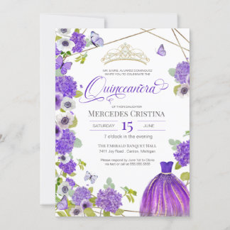 Invitation Quinceañera Royal Purple Garden papillon Tiara