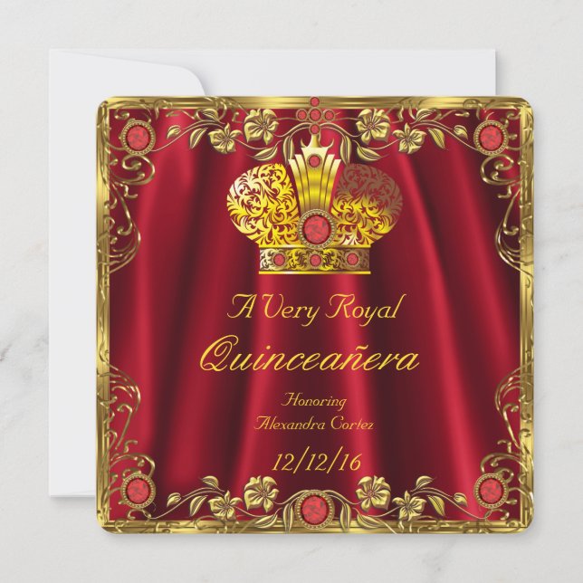 Invitation Quinceanera Royal Red Gem Gold Princesse Crown 3 (Devant)