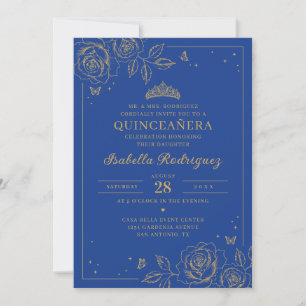 Invitation Quinceañera Royale Bleu Or Floral