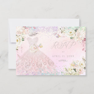 Invitation Quinceanera RSVP Blush Pink Gown rêve holographiqu