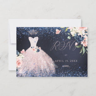 Invitation Quinceanera RSVP Butterfly Blush Gown Navy