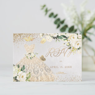 Invitation Quinceanera RSVP Gold Parties scintillant Gown Inv