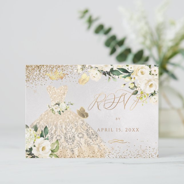 Invitation Quinceanera RSVP Gold Parties scintillant Gown Inv (Debout devant)