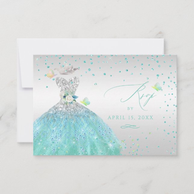 Invitation Quinceanera RSVP Turquoise Argent Parties scintill (Devant)