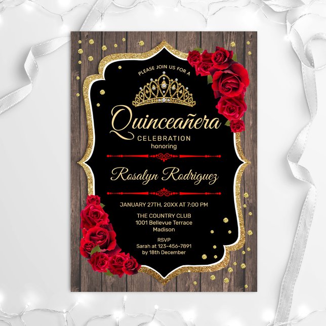 Invitation Quinceanera - Rustique Bois Rouge Or (Créateur téléchargé)