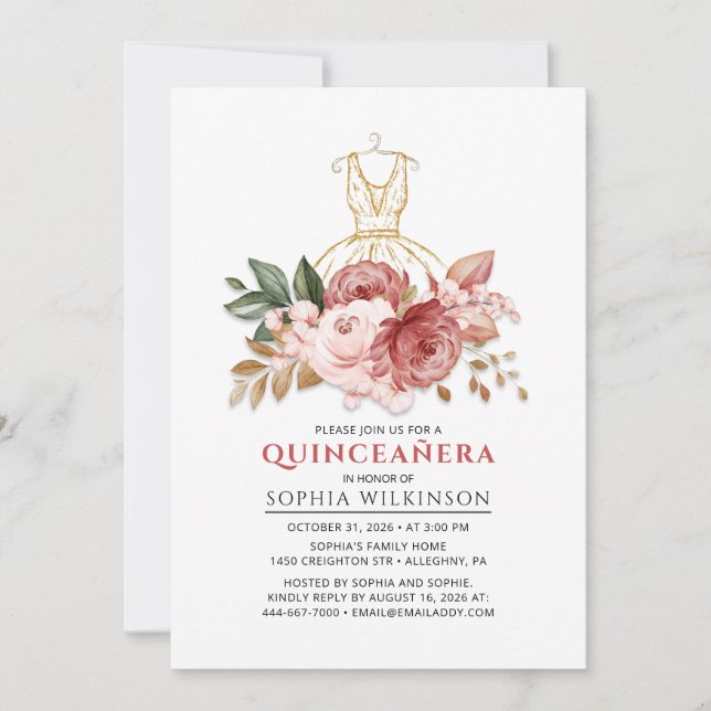 Invitation Quinceanera Rustique Floral Faux Robe d'or 15e (Devant)