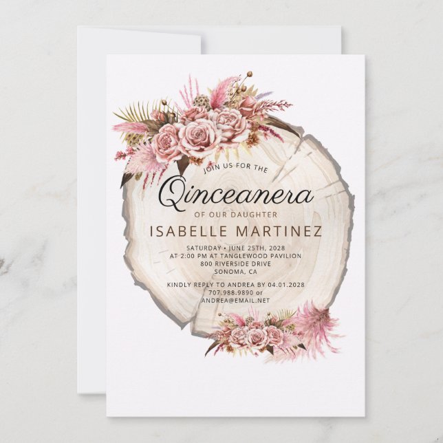 Invitation Quinceanera rustique rose pâle Roses florales (Devant)
