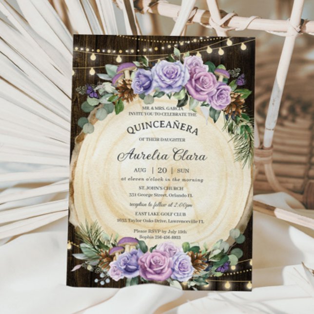 Invitation Quinceañera Rustique Violet Floral Enchantée Forêt (Créateur téléchargé)