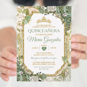 Invitation Quinceañera Sage Green & Gold Crown Butterfly