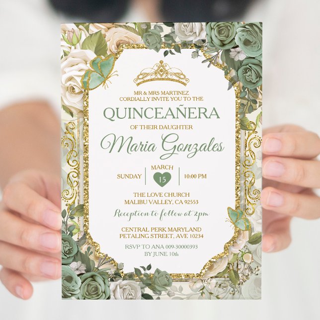 Invitation Quinceañera Sage Green & Gold Crown Butterfly (Créateur téléchargé)