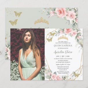 Invitation Quinceañera Sage Papillons verts Pink Floral