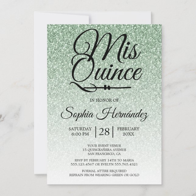 Invitation Quinceañera Sage Parties scintillant verte 15e ann (Devant)