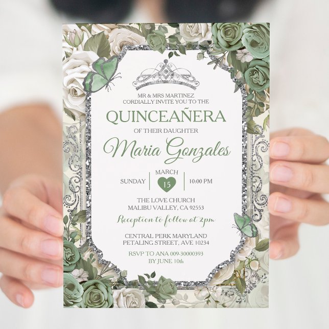 Invitation Quinceañera Sage Vert & Papillon de la Couronne Ar (Créateur téléchargé)