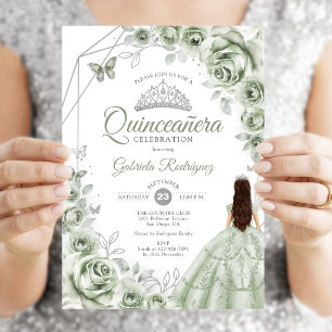 Invitation Quinceanera Sage Vert Robe Argent Floral