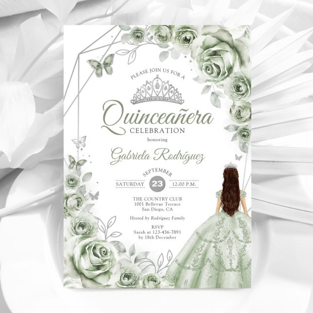 Invitation Quinceanera Sage Vert Robe Argent Floral (Créateur téléchargé)