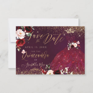 Invitation Quinceanera Sauvez la date Burgundy Gown 