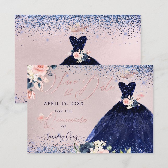 Invitation Quinceanera Sauvez la date Marine Blue Gown (Devant / Derrière)