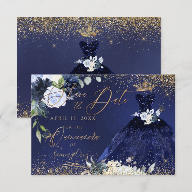 Invitation Quinceanera Sauvez la date Marine Blue Gown (Devant / Derrière)