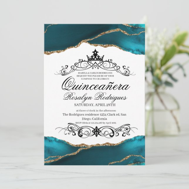 Invitation Quinceañera Script Turquoise Agate Photo 15ème (Debout devant)