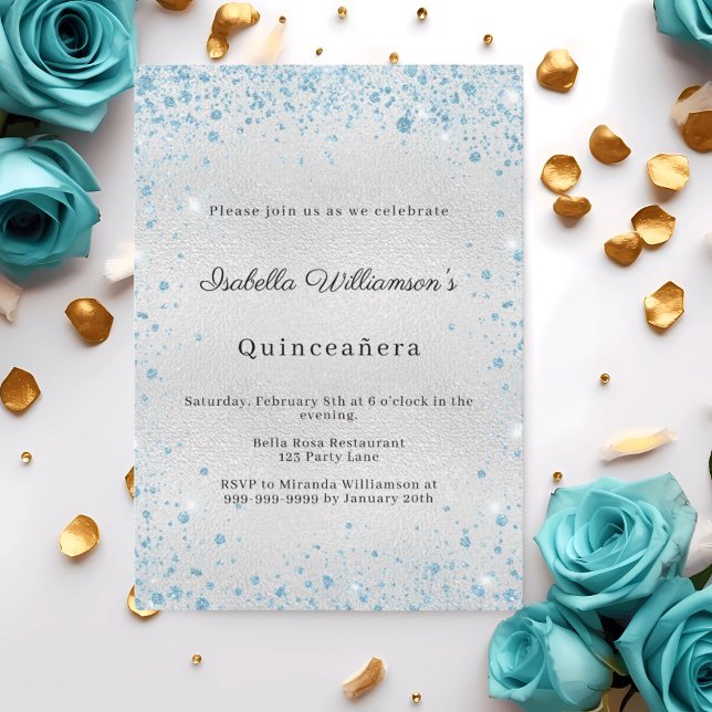 Invitation Quinceanera silver blue glitter winter party (Créateur téléchargé)