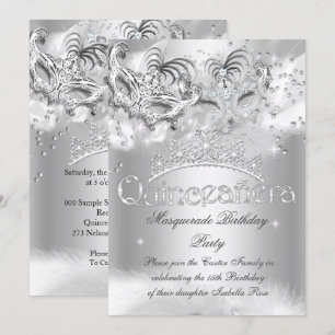 Invitation Quinceanera Silver Sparkel Masquerade Party