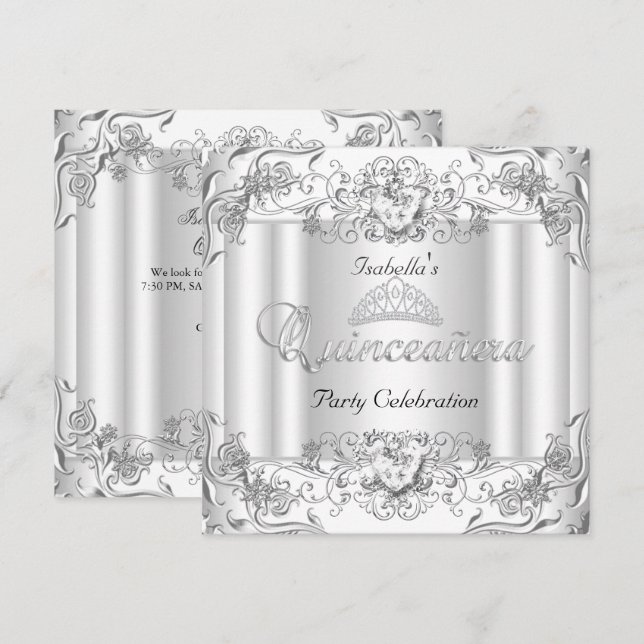 Invitation Quinceanera Silver White Diamond Tiara 15ème Parti (Devant / Derrière)