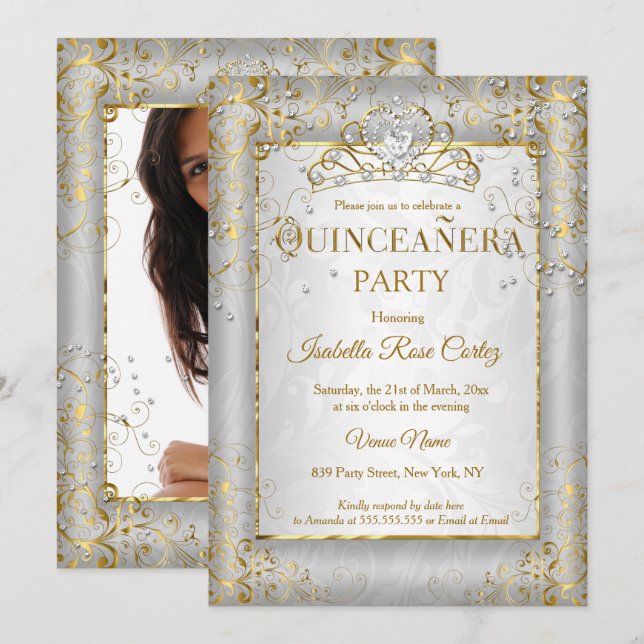 Invitation Quinceanera Silver White Gold Tiara (Devant / Derrière)