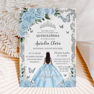 Invitation Quinceañera Sky Blue Floral Robe Princesse Argent