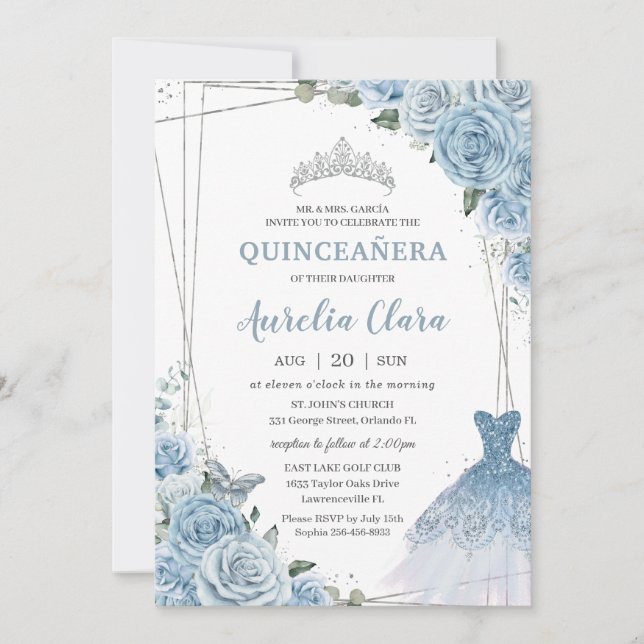 Invitation Quinceañera Soft Baby Blue Floral Rose robe Gown (Devant)