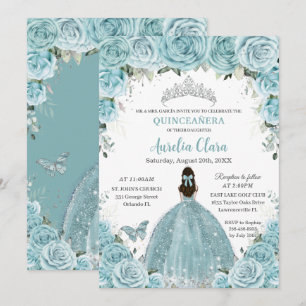 Invitation Quinceañera Soft Turquoise Floral Argent Couronne