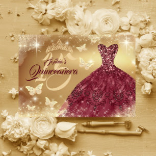 Invitation Quinceanera Sparkle Or Robe Bourgogne