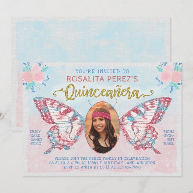 Invitation Quinceanera Sweet 15 Anniversaire Papillon avec ph (Devant / Derrière)