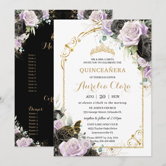 Invitation Quinceañera Sweet 16 Black Lilac Floral Padrinos (Devant / Derrière)