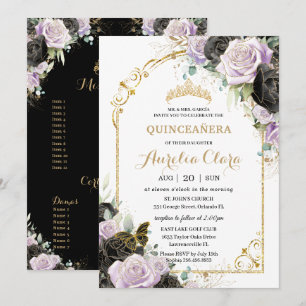 Invitation Quinceañera Sweet 16 Black Lilac Floral Padrinos