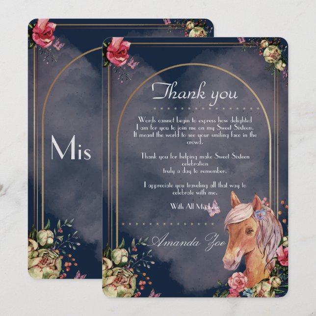 Invitation Quinceañera/Sweet 16 Cheval design Merci Note (Devant / Derrière)