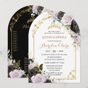Invitation Quinceañera Sweet 16 Noir violet Arc Floral Or