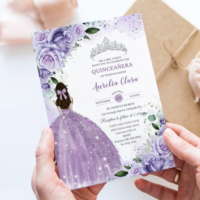 Invitation Quinceañera Sweet 16 Purple Lavender Floral Argent (Créateur téléchargé)