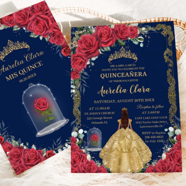 Invitation Quinceañera Sweet 16 Rouge enchantée Rose bleu mar (Créateur téléchargé)