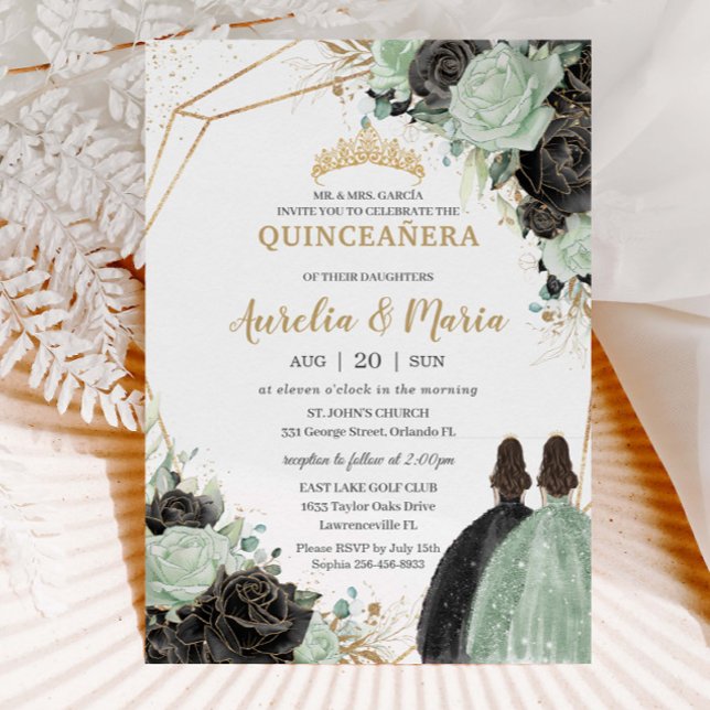 Invitation Quinceañera Sweet 16 Sage Vert Black Floral Twins (Créateur téléchargé)