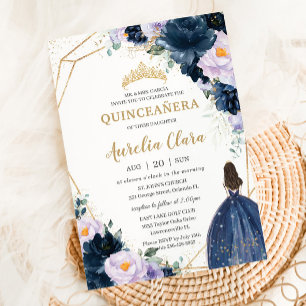 Invitation Quinceañera Sweet 16 Violet Lilac Marine Bleu Flor
