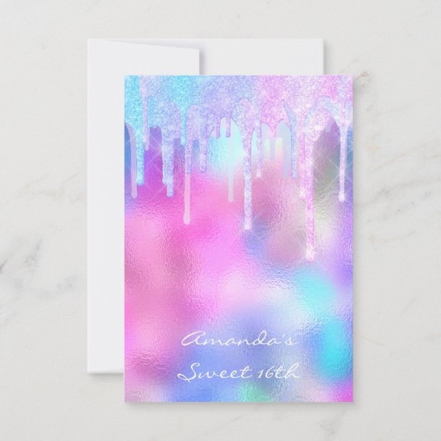 Invitation Quinceanera Sweet 16th Drips Holographique rose (Dos)