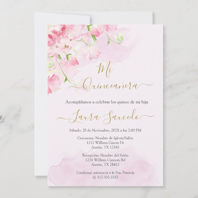 Invitation Quinceañera tema color rosa (Devant)