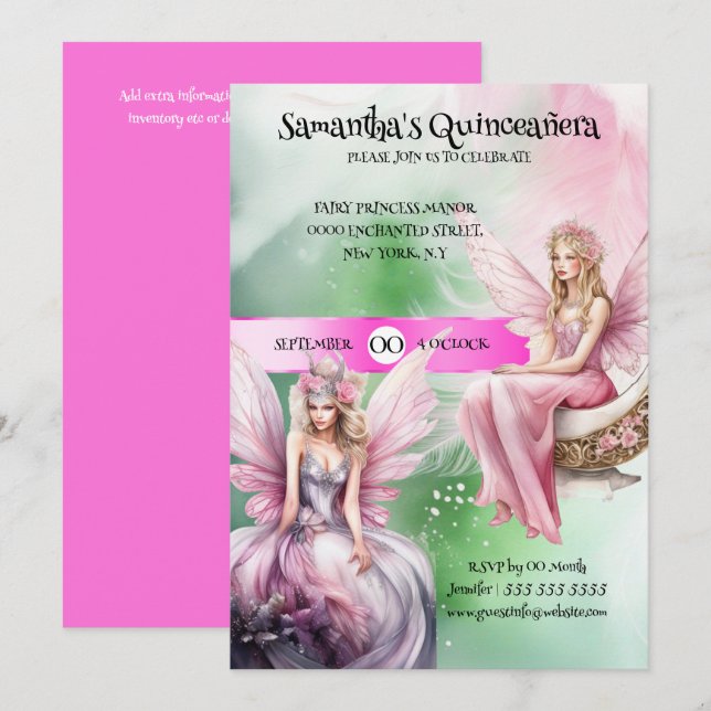 Invitation Quinceañera thème fée rose vert princesse filles (Devant / Derrière)