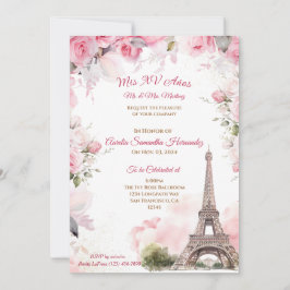 Invitation Quinceañera Thème Paris Rose Fleurie
