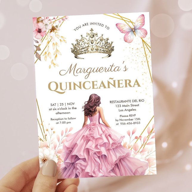 Invitation Quinceañera Tiara Girl Rose Floral Papillon (Créateur téléchargé)